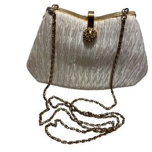 Morgan Taylor Crossbody Clutch Bag Ivory Satin Gold Hardware Chain Strap
